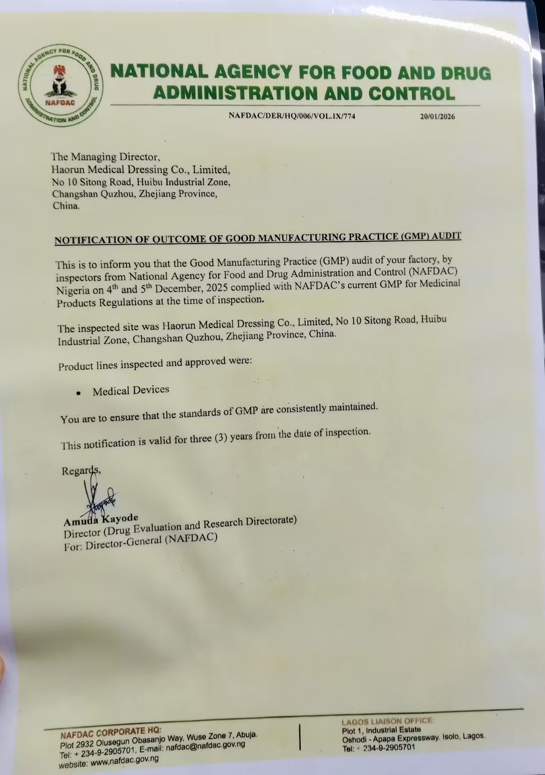 Haorun Medical Products-ek NAFDAC Erregistro Ziurtagiria jasotzen du Nigerian